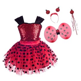 Lito Angels Ladybug Costume Red Polka Dot Fancy Tutu Dress Up for Kids Girls, Party Outfit with Wings and Accessories Age 5-6 Years