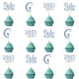 12 Pcs Blue Glitter Baby Boy Cupcake Toppers - "Baby Boy" "Welcome to the World" Moon Star Picks for Baby Shower, Gender Reveal, Newborn Birthday Party Decorations