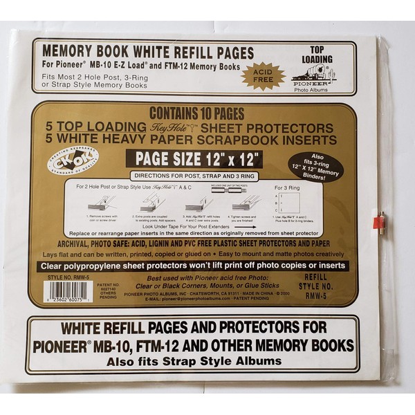 Pioneer Photo Albums RMW5 12" X 12" White EZ Load Memory Book Page Refills 5 Count