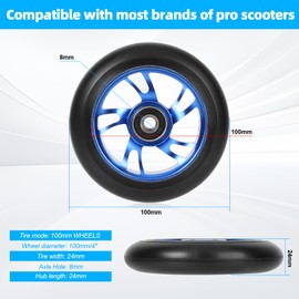 Pack of 2 100 mm stunt scooter wheels, stunt tyre replacement wheels, skateboard wheels with ABEC, 9 ball bearings, hardness 88A, suitable for all kinds of scooters