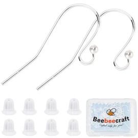 Beebeecraft 1 Box 10 Pairs French Earring Wires 925 Sterling Silver Earring Hooks with Plastic Ear Nuts Ball Dangle Fish Hook Earring Findings for Jewelry Making Earrings Supplies DIY Crafts