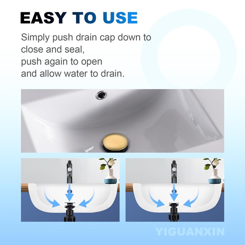 Brushed Gold Bathroom Pop-Up Push-Type Sink Drain Assembly - Vessel