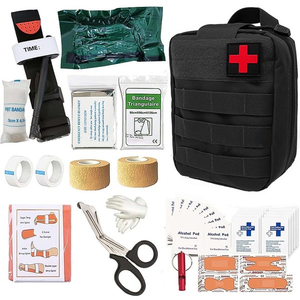 HIULLEN 54 Pieces Travel Emergency Kit, Hiking First Aid Survival Kits, Outdoor Premium First Aid Kit includes Tourniquet, Emergency blanket*1 for Camping Hiking Hunting Travel Car Adventures (Black)