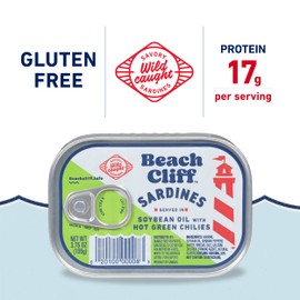 Beach Cliff Wild Caught Sardines in Soybean Oil with Hot Green Chilies, 3.75 oz Can (Pack of 12) - 12g Protein per Serving - Gluten Free, Keto Friendly - Great for Pasta & Seafood Recipes