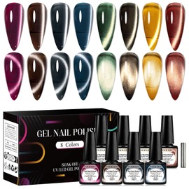 Four Lily Magnetic Cat Eye Gel Nail Polish Set, 8 Colors Retro Cateye Nail Gel Polish Jelly Glitter Magnetic Gel Polish Soak Off Lamp Gel Nail Art Manicure Kit