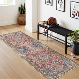 Beeiva Vintage Washable Runner Rug, 2x6 Rug Runners for Hallways Non Slip, Soft Low-Pile Printed Boho Runner Rugs with Rubber Backing for Bathroom Bedside Kitchen - Orange