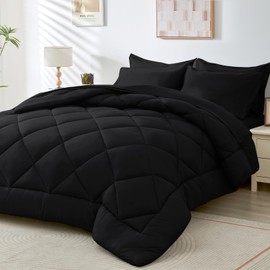 HEVUMYI Black King Comforter Set - 7-Piece All Season Bed in a Bag King, Ultra Soft Bedding Set with Comforter, Flat Sheet, Fitted Sheet, Pillowcases, Pillow Shams, Black