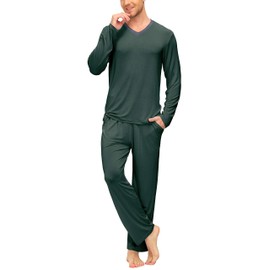 MoFiz Men’s Pyjamas Set 2 Piece Pjs Set Long Sleeve Sleepwear Nightwear Soft Stretch Comfy Lounge Sets Top & Bottoms Dark-gren Size US XL