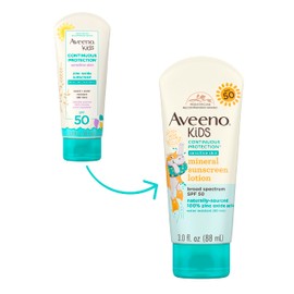 Aveeno Aveeno Kids Continuous Protection Zinc Oxide Mineral Sunscreen Lotion for Children's Sensitive Skin with Broad Spectrum SPF 50, Tear-Free, Sweat- & Water-Resistant, Non-Greasy, 3 fl. oz