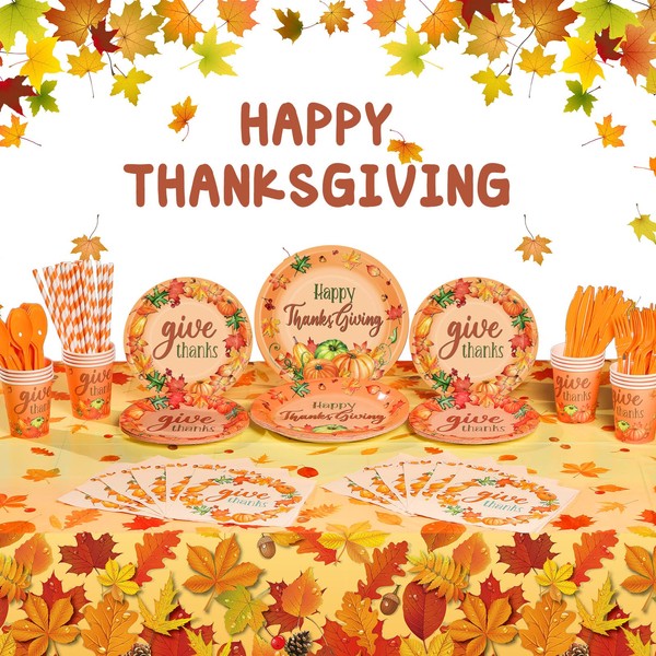 193 Pcs Happy Thanksgiving Party Plates and Tablecloth Set Fall Give Thanks Party Supplies Maple Leaves Pumpkins Disposable Paper Dinnerware Plastic Tablecloth for Party Birthday Dinner Set, Serve 24