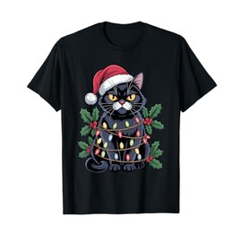 Black Cat Santa Hat Christmas Tree Lights Funny Pet Lover T-Shirt