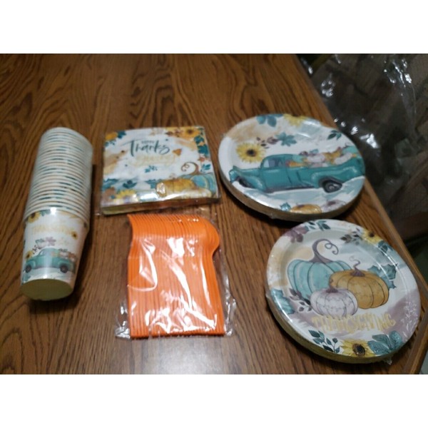Unbranded 125 Pcs Thanksgiving Paper Plates, Napkins, Forks + Cups