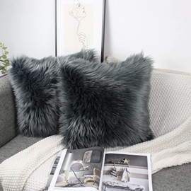 OYIMUA Soft Decorative Cushion Covers Decorative Cushion Sheepskin Lambskin Faux Fur Long Hair Decorative Cushion Cover Faux Fur Sofa Cushion Cuddly Cushion (Anthracite, 40 x 40 cm)