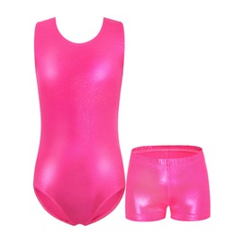 Domusgo - Maillot de gimnasia para niñas de 10 a 12 años de edad, color rojo rosa brillante, mamelucos sin mangas con pantalones cortos, Rosa Rojo, 10-12 Años