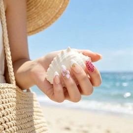 Uñas postizas medianas almendradas - Punta francesa blanca con flores 3D y estampados de animales. Se adhieren con pegamento. 24 unidades.
