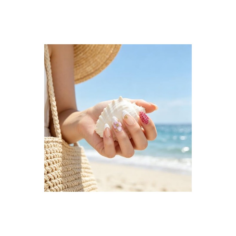 Uñas postizas medianas almendradas - Punta francesa blanca con flores