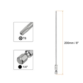 sourcing map 2pcs T8 Security Torx Bit 1/4" Hex Shank 8" Long S2 Steel Magnetic Tamper Resistant Star Bits Screwdriver Torx Head with Hole for Driver Drill Bits Remove Fastening Screws