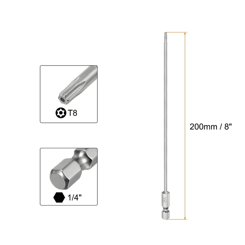 sourcing map 2pcs T8 Security Torx Bit 1/4" Hex Shank