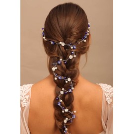 Chargances Bridal Long Pearl Flower Hair Vine Wedding Rhinestone Beaded Long Headband Dainty Blue Handmade Hair Accessories for Women and Girls Brides (Blue)