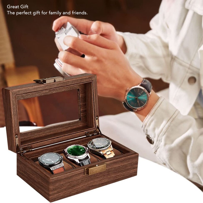 3 Slot Watch Display Case Wood Detachable Pillow Glass Cover