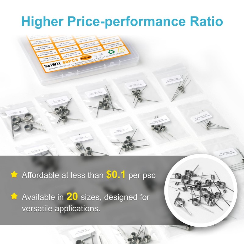 80PCS Torsion Spring Assortment Kit, 20 Sizes 60/90/120/180 Degree Small