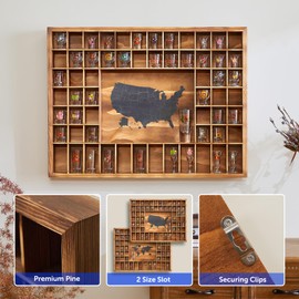 Tristcily Large US Map Shot Glass Display Case 60 Slots 34 x 26'' Rustic Brown Wood Holder for 2 Different Size Shot Glasses Shelf Organizer Wall Mount Storage Shadow Bar Cabinet