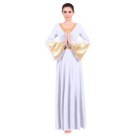 Women Metallic Color Block Liturgical Praise Lyrical Dance Dress Bell Long Sleeve Church Dancewear Gown Worship Costume