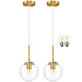 KoKo&Yukina 6" Modern Globe Pendant Light 2 Pack Mid-Century Gold Pendant Lights Kitchen Island Height Adjustable Clear Glass Pendant Light Fixture for Dining Room Bedroom Hallway Sink Bulbs Incl.