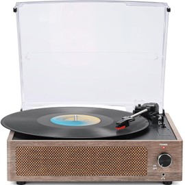 WOCKODER Vintage Vinyl Record Player with Speakers Retro Turntable Belt-Driven LP Phonograph 3-Speed Bluetooth Wireless Input AUX-in Headphone RCA Line Out All-in-one for Beginner Wooden Grain Grey