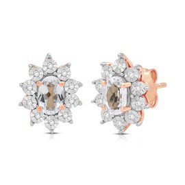 Jewelili Sterling Silver or Rose or Yellow Gold over Silver 6x4 MM Oval Created or Genuine Gemstone and 1/20 Cttw Natural White Round Diamond Cluster Stud Earrings, metal, created-white-sapphire