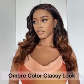 ANMETAN #1B/2/30 Ombre Body Wave Human Hair Bundles With frontal, 12A Chestnut Brown 3 Bundles and 13x4 HD Transparent Lace Frontal Ear to Ear (12/14/16+12 IN) Free Part Soft Remy Hair Weave Dark Root