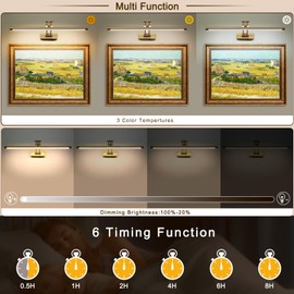 yumcrelect Picture Light Battery Operated with Remote LED Dimmable Picture Light for Paintings, Brass Rechargeable 24 inch Battery Operated Wall Sconce for Art Lighting Gallery Portrait Artwork