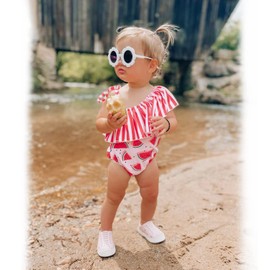 HINTINA Traje de baño de una pieza para bebés y niñas, con hombros descubiertos, traje de baño de playa, Sandía/rafia, 6-12 Meses