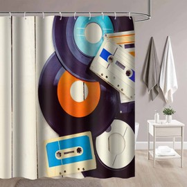 PAEOT Music Records Shower Curtain Gramophone Indie Old Audio Cassettes on Woodern Table Nostalgia Music Bathroom Decor 72x72Inches Washable Fabric Shower Curtains Sets with 12 Hooks