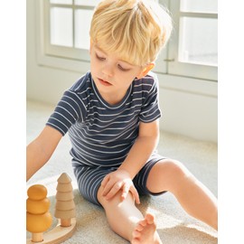 moimoln Ribbed Stripe Pajamas Viscose Snug-Fit Baby Toddler Boys Girls Sleepwear Short Blanco Navy 12-18m