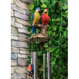 Ebros Gift Red Scarlet and Blue Macaw Parrots Couple Resonant Wind Chime Patio Garden Mobile Hanging Accent Birds of Tropical Paradise Jungle Forest