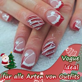 Pack of 24 Christmas False Nails - Red French Christmas Hat Design, Christmas False Nails Full Cover False Nails with Nail Glue, Square Artificial Nails Glitter Press On Nails (Red Stripes)