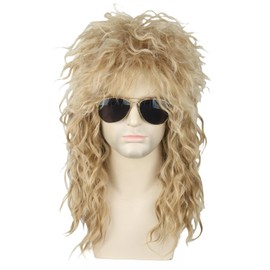 Topcosplay Men or Women 80s Mullet Wig Ash Blonde Rock Disco Wigs Long Curly
