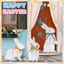 Vercraft 3 Pcs Outdoor Easter Decorations for Porch Large Wooden Easter Bunny Porch Sign Rustic Farmhouse Bunny Standing Sign Party Spring Decor for Front Door Yard Garden 15.8, 15.5, 13.4 Inch