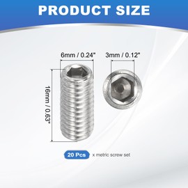 PATIKIL 20 Pcs Hex Socket Grub Screw, M6x16mm Flat Point Grub Bolt 304 Stainless Steel Head Socket Set Screws for Door Handles Light Fixture Repair