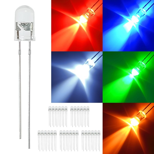 Hi-FIELD Ultra Bright LED 5 Color Set, Red, Blue, Green, Yellow, White, 6 Pieces x 5 Packs Each, 20 mA, 20°, Cannonball Type, 0.2 inch (5 mm)