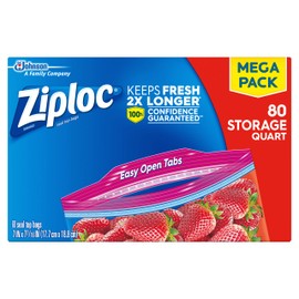 Ziploc Storage Bags, For Food, Sandwich, Organization and More, Smart Zipper Plus Seal, Quart, 80 Count