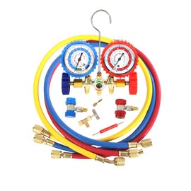 PB Motor Tech 3 Way AC Manifold Gauge Set for R134A, R12, R22 & R502 Refrigerants with Quick Couplers, 410 Adapter, Puncturing Can Tap & Valve Core Tool, for Automotive & Household AC Maintenance
