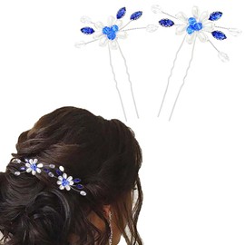 Flayem Wedding Hair Pins Bridal Pearl Hair Accessories Blue Crystal Hair Clips Pearl Hair Accessories for Bride and Bridesmaids (Pack of 2)