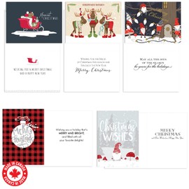 Great North Christmas Note Cards / 25 5 5/8" x 7 7/8" Colorful Holiday Greeting Card Pack With White Envelopes / 5 Illustrated Buffalo Check Holiday Designs / Made In Canada
