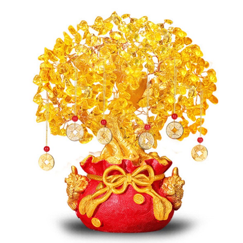 Yellow Quartz Crystal Money Tree Double Golden Toads Bonsai Style