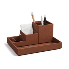 BIGSO LENA Desk Organiser for Pens, Paper Clips, Sticky Notes etc. - Sorting Box with 4 Compartments - Organiser System Made of 100% Recycled Fibreboard and Linen Look Paper - sienna