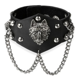 JewelryWe Punk Wolf Charm Leather Bracelet Men Vintage Wide Cuff Bangles Wristband Male Jewelry Pulseras Hombre