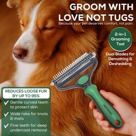 Pet Grooming Set – Deshedding Hair Brush & 2 Finger Toothbrushes – Perfect for Dogs & Cats (green handle)