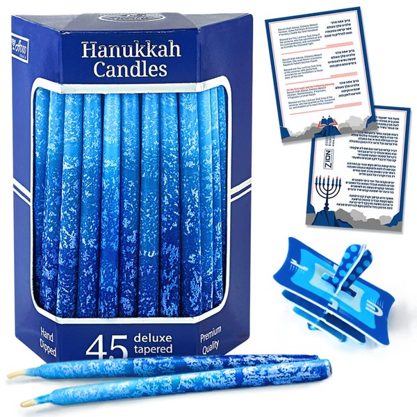 Premium Dripless Hanukkah Candles Multi Blues Frosted Thin Tapered Chanukah Candle Set of 45 Enough for Eight Nights of Hanukah Includes a DIY Dreidel, Prayer Card with Chanukah Song - Aviv Judaica